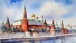 Watercolor Painting of the Kremlin - its colorful domes shimmering in the sunlight against a backdrop of blue skies in Moscow