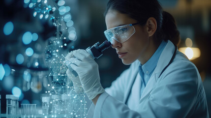 Wall Mural - medicine doctor touching electronic dna. digital healthcare and network connection on virtual screen