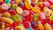 Close-up, vivid of various sweet Swedish Candy with rich colors. Colorful Assortment of Sugary Candies. Concept of diabetes and excess calories.