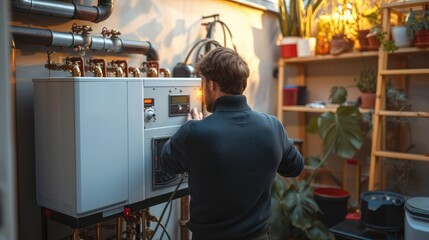 Worker set up new central gas heating boiler for home. Generative AI.