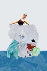 Poster - Vertical collage picture illustration beautiful upset elegant lady draw attention problem ballerina dance scrapyard trash plastic recycle