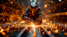 A Caucasian Man In Protective Clothing Welds Metal Structures At A Factory. Professional Mechanic Making Steel Parts In A Workshop.