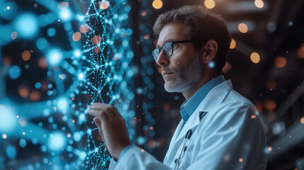 Wall Mural - Medicine doctor touching electronic DNA. Digital healthcare and network connection on virtual screen, modern hologram, medical technology and network concept.