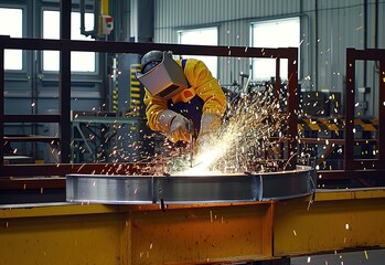 Wall Mural - A skilled welder at work: a dynamic display of sparks and craftsmanship in an industrial environment