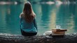 © dee-nesia - a beautiful college student sitting on the edge of a lake, taking a break from her reading