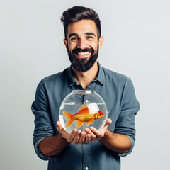 Man with A fish in a fishbowl