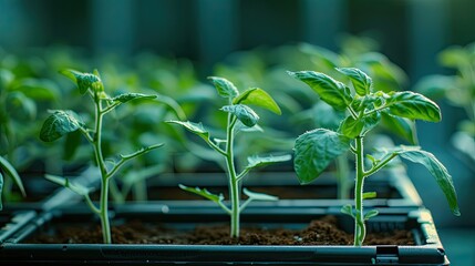 two weeks old tomato seeds grow in seedling tray in a greenhouse