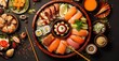 Delicious Japanese food background image, top view. 