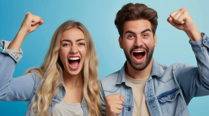 Sticker - man and a woman are both cheering excitedly with their fists raised, wearing denim jackets, against a blue background