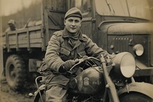 German Soldier In World War II On Motorcycle,black And White