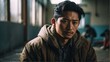 © Arceli - Lonely young asian man looking sad at the camera on a homeless shelter from Generative AI