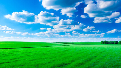 meadow, grassland, landscape,agriculture,lawn, field,  sky, cloud,  flower, nature, spring,Background image of a vast green field under a bright blue sky. bright green grass Receives light well The ba