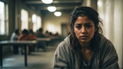 Wall Mural - Lonely young hispanic woman looking sad at the camera on a homeless shelter from Generative AI