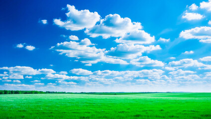 meadow, grassland, landscape,agriculture,lawn, field,  sky, cloud,  flower, nature, spring,Background image of a vast green field under a bright blue sky. bright green grass Receives light well The ba