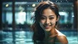 © Arceli - Young beautiful asian woman swimming in pool smiling at camera from Generative AI