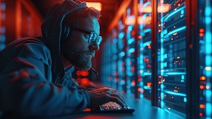 Fototapete - A cyber hacker typing something on computer, looking confident, sitting in a desk, server room background. Generative AI.