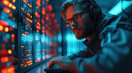 Fototapete - A cyber hacker typing something on computer, looking confident, sitting in a desk, server room background. Generative AI.