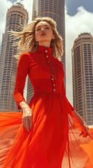 Wall Mural - Fashion portrait of a stylish young Caucasian woman with blond hair in an orange dress against the background of skyscrapers of a modern city.