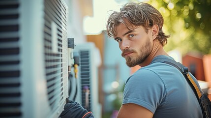 Poster - HVAC Technician, Technician working on air conditioning outdoor unit on hot sunny day. Generative AI.
