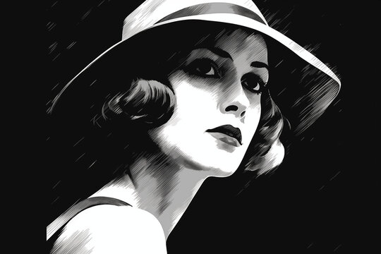 black and white illustration of a vintage woman wearing a hat