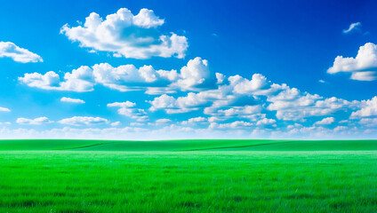 Wall Mural - meadow, grassland, landscape,agriculture,lawn, field,  sky, cloud,  flower, nature, spring,Background image of a vast green field under a bright blue sky. bright green grass Receives light well The ba