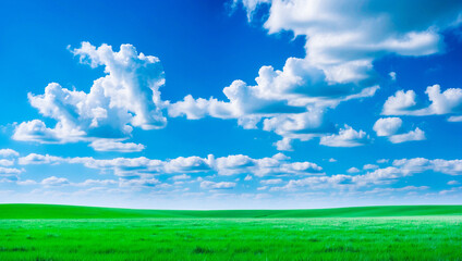 Wall Mural - meadow, grassland, landscape,agriculture,lawn, field,  sky, cloud,  flower, nature, spring,Background image of a vast green field under a bright blue sky. bright green grass Receives light well The ba