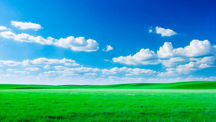 Wall Mural - meadow, grassland, landscape,agriculture,lawn, field,  sky, cloud,  flower, nature, spring,Background image of a vast green field under a bright blue sky. bright green grass Receives light well The ba