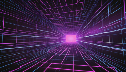 Synthwave wireframe net illustration. Abstract digital background. 80s, 90s Retro futurism, Retro wave cyber grid. Deep space surfaces. Neon lights glowing. Starry background. Vector 3D Rendering
