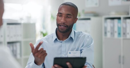 Poster - Black man, doctor and tablet with patient for consulting, diagnosis or steps in healthcare at hospital. Person or medical employee talking or explaining with technology in consultation for checklist