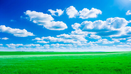 Wall Mural - meadow, grassland, landscape,agriculture,lawn, field,  sky, cloud,  flower, nature, spring,Background image of a vast green field under a bright blue sky. bright green grass Receives light well The ba