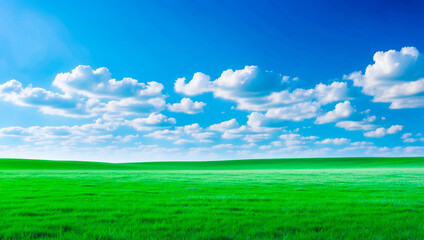 meadow, grassland, landscape,agriculture,lawn, field,  sky, cloud,  flower, nature, spring,Background image of a vast green field under a bright blue sky. bright green grass Receives light well The ba