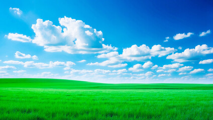 Wall Mural - meadow, grassland, landscape,agriculture,lawn, field,  sky, cloud,  flower, nature, spring,Background image of a vast green field under a bright blue sky. bright green grass Receives light well The ba