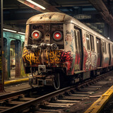 Fototapeta Do akwarium - old train at the station, Abandoned Underground, Graffiti-Covered Subway Train in Dim Light, Urban Decay, Vandalized Subway Train in a Desolate Station, Eerie Atmosphere, generative ai