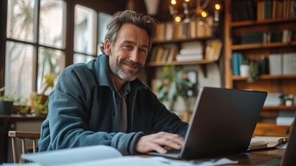 Aufkleber - Happy man at his house using his black color laptop, next to him are documents on table. Generative AI.