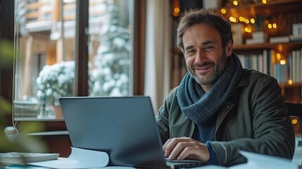 Aufkleber - Happy man at his house using his black color laptop, next to him are documents on table. Generative AI.