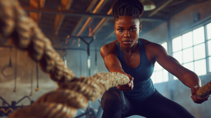 Wall Mural - An athletic woman is vigorously exercising with battle ropes in a gym, focused and determined in her strength training routine.