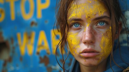 Wall Mural - War in Ukraine. Sad Ukrainian girl, inscription on the background 