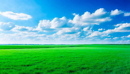 meadow, grassland, landscape,agriculture,lawn, field,  sky, cloud,  flower, nature, spring,Background image of a vast green field under a bright blue sky. bright green grass Receives light well The ba