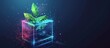 © MUCHIB - Futuristic digital open box and green leaves in wirefraame holographic colorful style. AI generated
