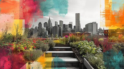 Wall Mural - Urban Rooftop Garden & City Skyline Collage

