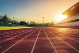 Fototapeta  - Empty athletics track in a stadium with the sun setting in the background.