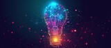 Innovation technology with holographic glowing low polygonal light bulb dark background.AI generated