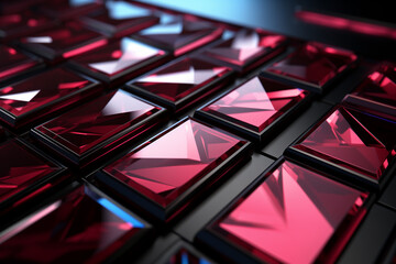  abstract wallpaper, background, screensaver, with red strange shapes, ruby glass precious crystals on titanium, reflection, chichty, blank