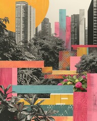 Wall Mural - Rooftop Oasis in Urban Jungle Art Collage

