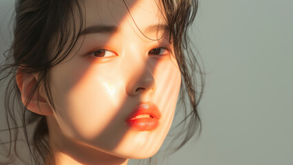 Minimalist portrait, beautiful asian woman with natural makeup in sunlight with shadows on face. Skincare and cosmetic model