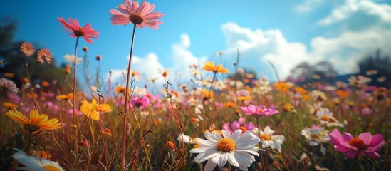 Poster - A happy meadow filled with colorful flowers, their petals dancing under a blue sky scattered with fluffy white clouds, creating a beautiful natural landscape.