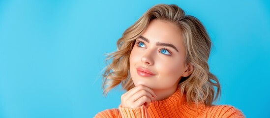 Wall Mural - A young blonde woman with blue eyes, hand on chin, body facing camera, light orange, cyan background, studio lights
