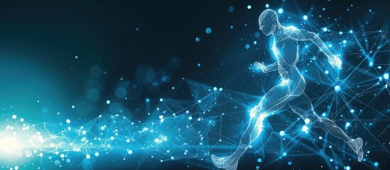 Wall Mural - Human running man athlete with digital wireframe neon light background. AI generated image