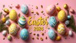 © AnyPic289 - Pastel easter eggs background with the word 'HAPPY EASTER' for banner, greeting card, and postcard.