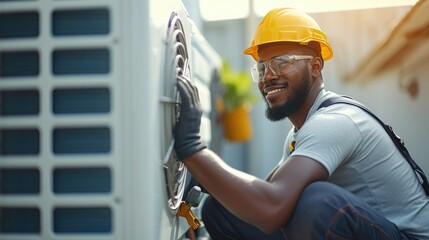 Poster - HVAC Technician, Technician working on air conditioning outdoor unit on hot sunny day. Generative AI.